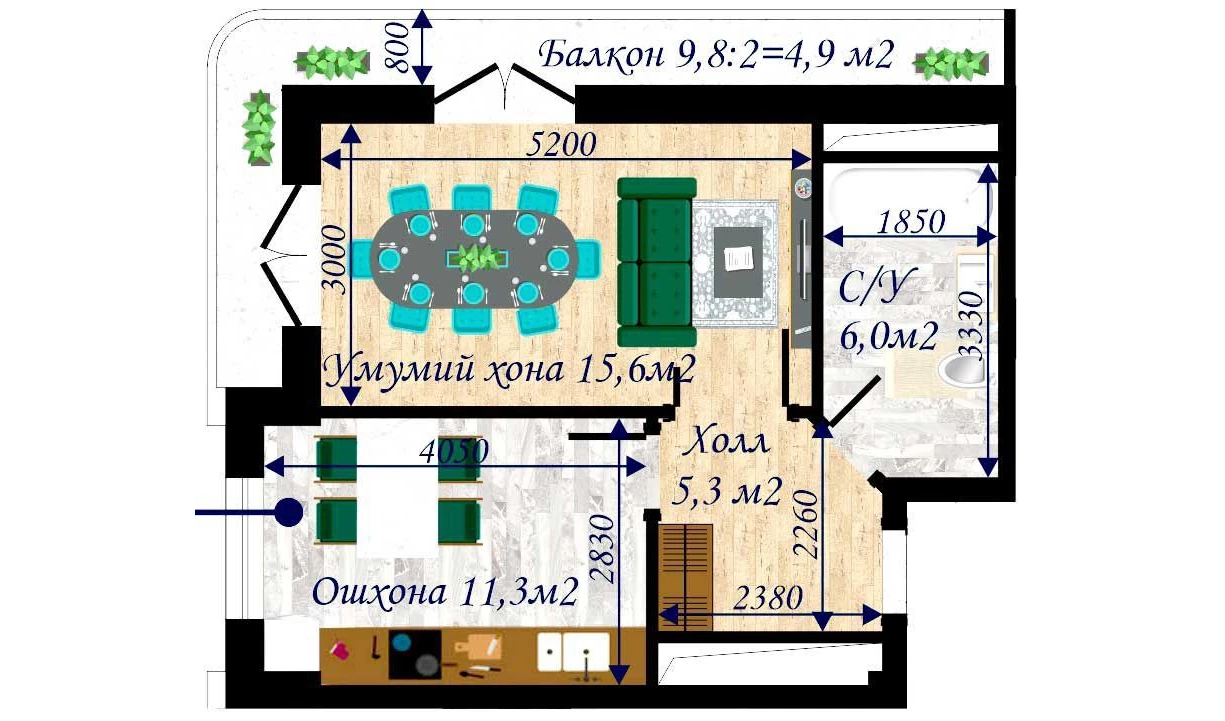 1-xonali xonadon 50.4 m²  12/12 qavat