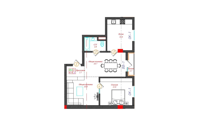 2-комнатная квартира 62.6 м²  4/12 этаж | Жилой комплекс CHINARA PARK