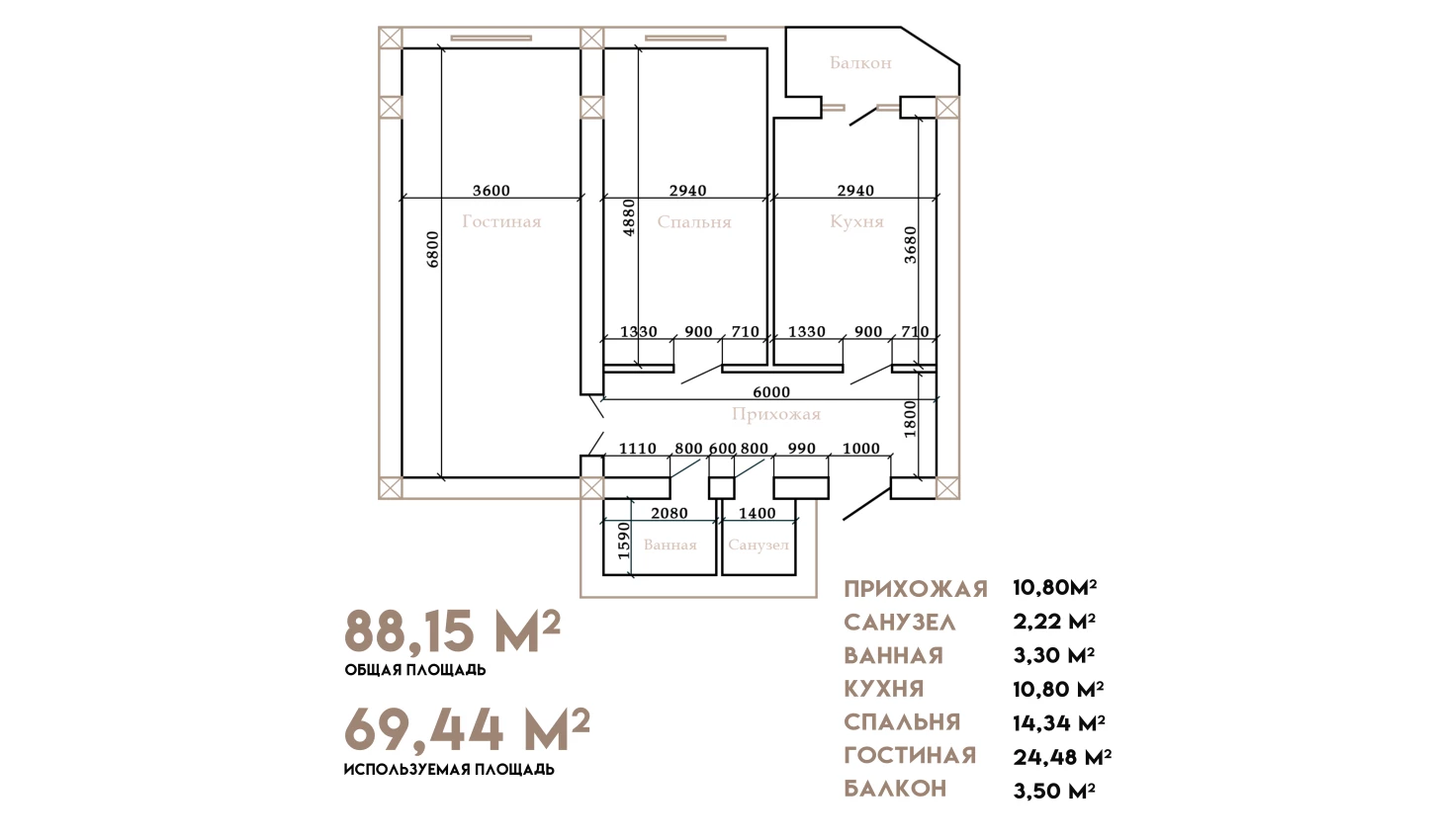 2-комнатная квартира 88.15 м²  8/8 этаж