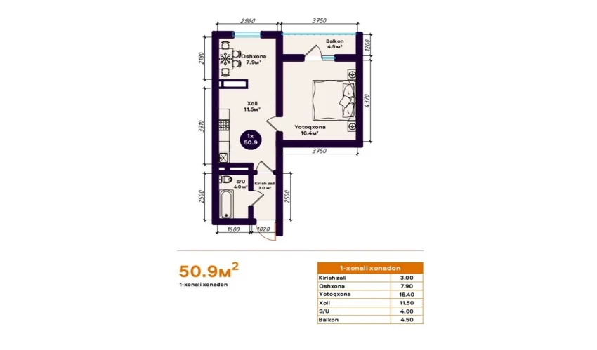 1-комнатная квартира 50.9 м²  15/15 этаж