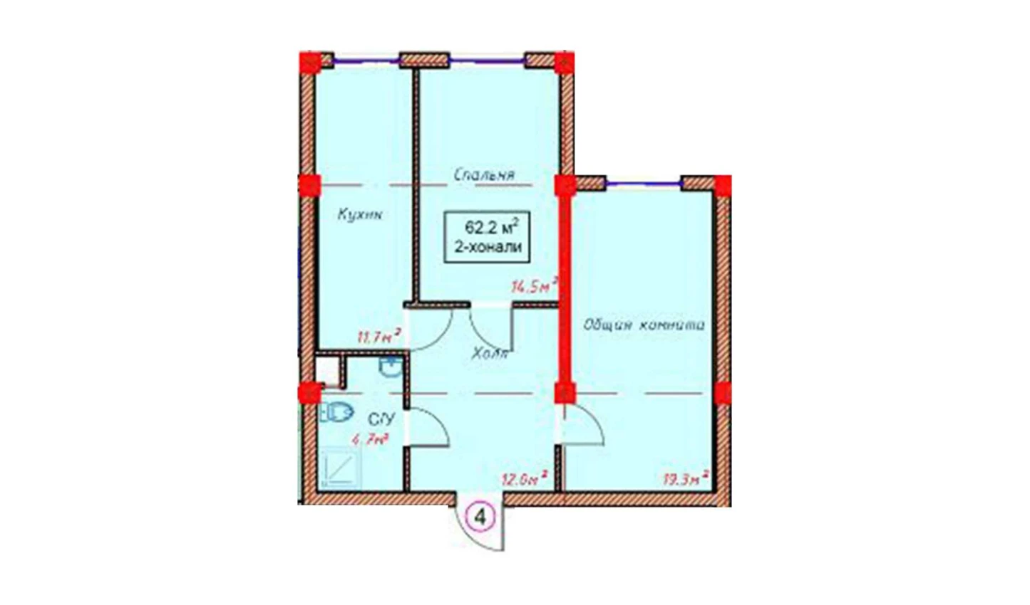 2-xonali xonadon 62.2 m²  1/1 qavat