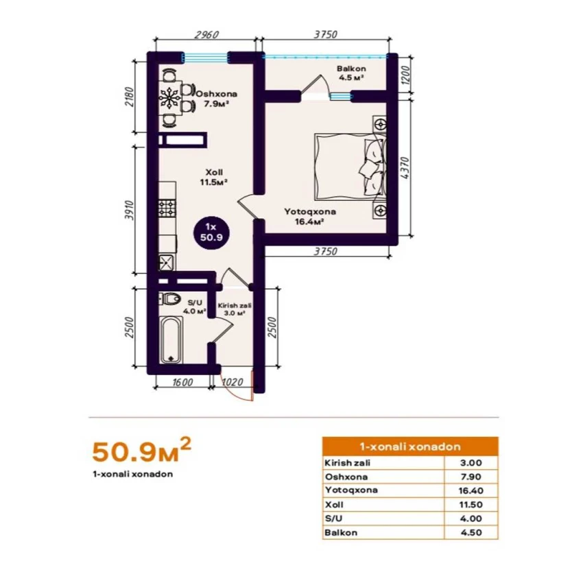 1-xonali xonadon 50.9 m²  3/3 qavat