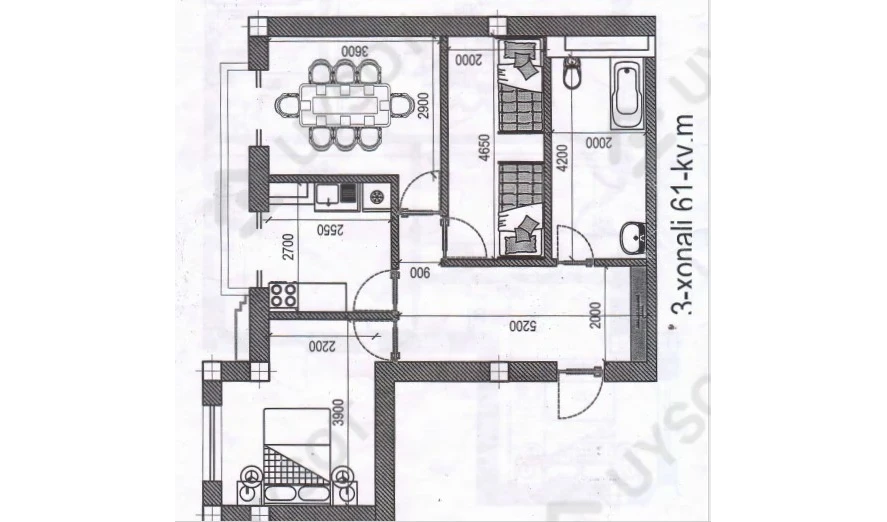 3-комнатная квартира 61 м²  3/3 этаж