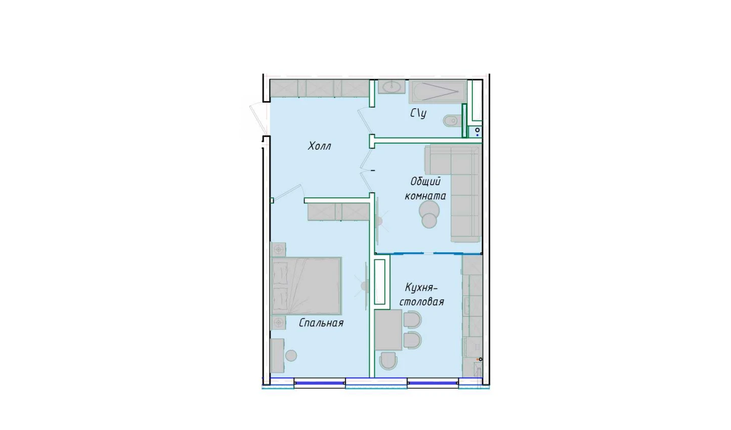 2-комнатная квартира 50.85 м²  1/1 этаж