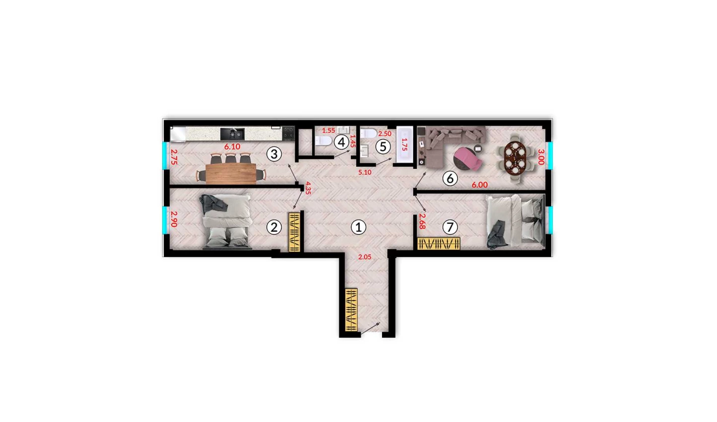 3-комнатная квартира 109.1 м²  9/9 этаж