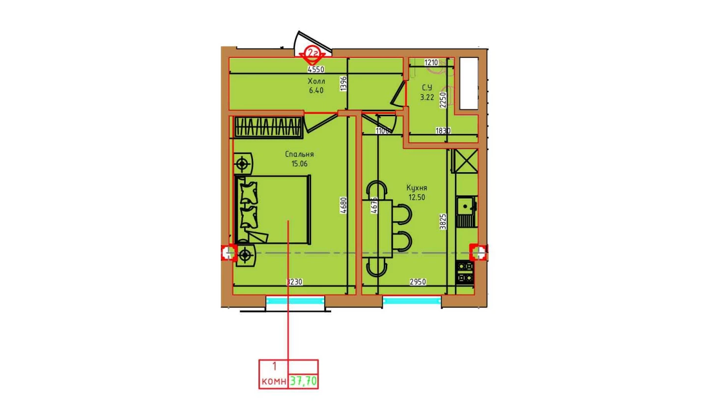 1-xonali xonadon 37.7 m²  1/1 qavat