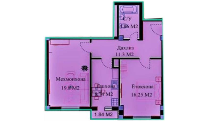 2-xonali xonadon 62.7 m²  12/12 qavat