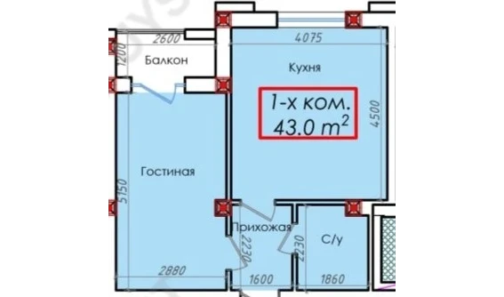 1-комнатная квартира 43 м²  1/1 этаж