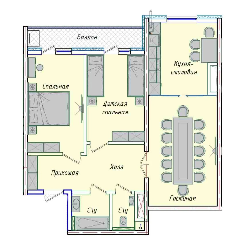 3-комнатная квартира 74.14 м²  15/15 этаж