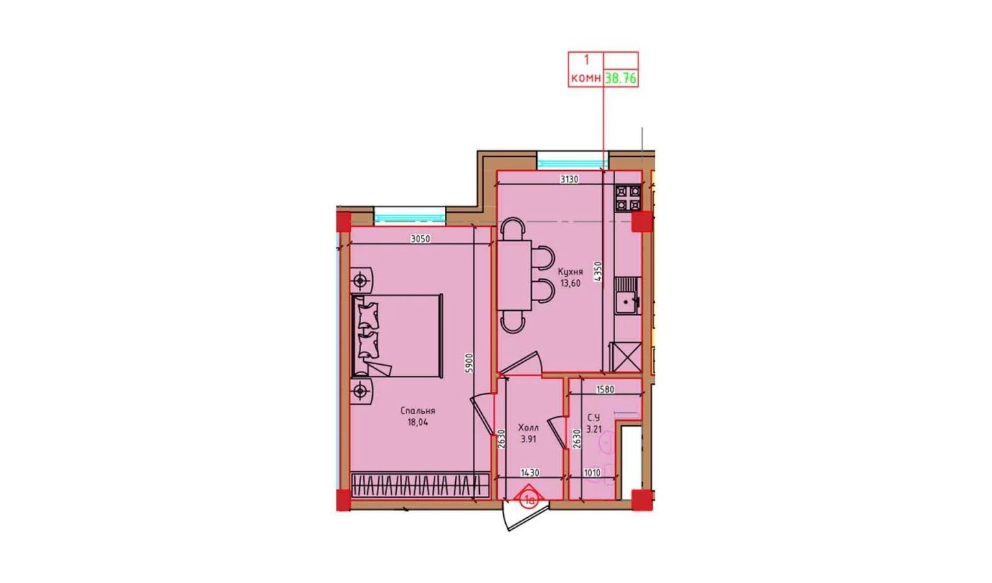 1-xonali xonadon 38.76 m²  1/1 qavat