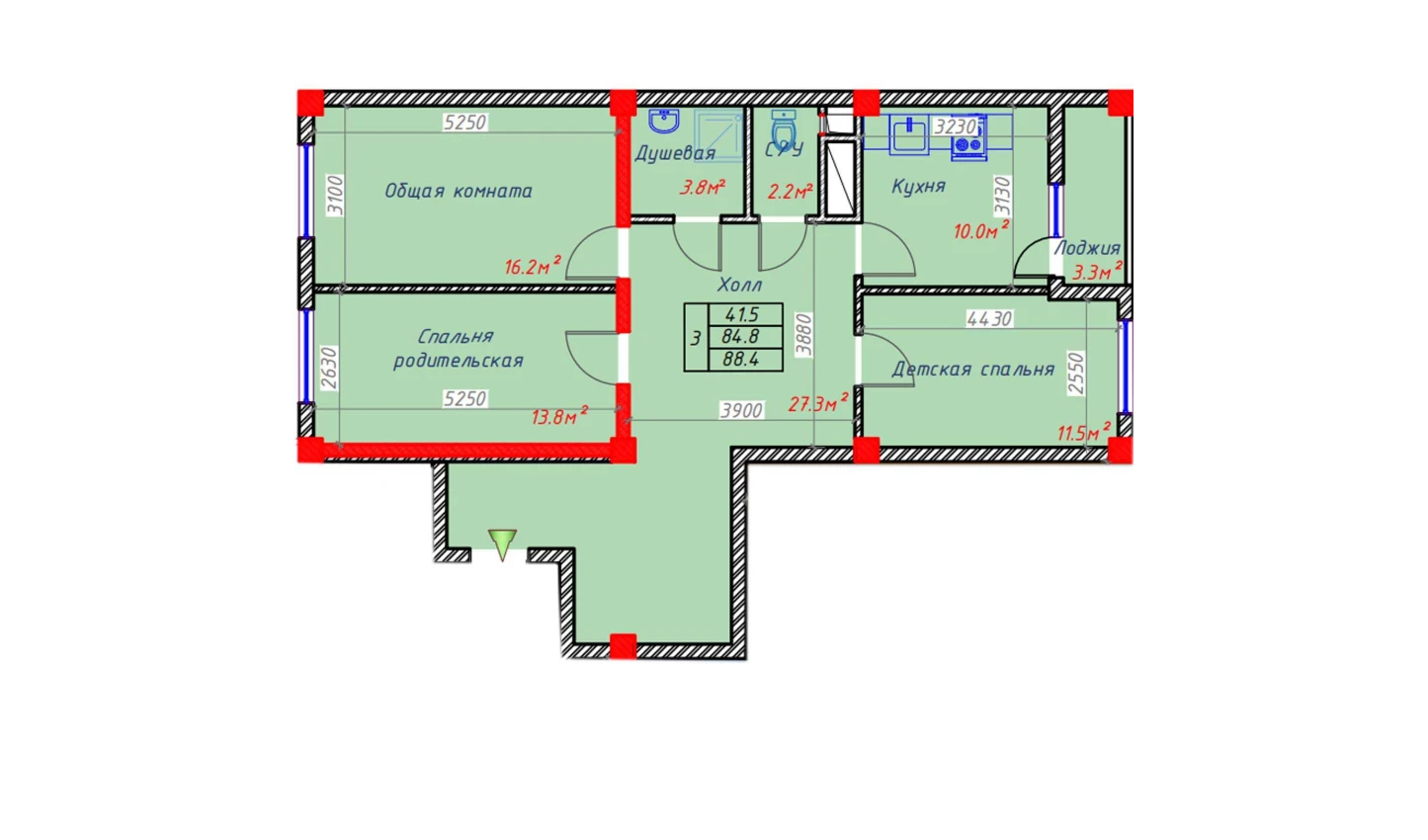 3-xonali xonadon 88.4 m²  5/5 qavat