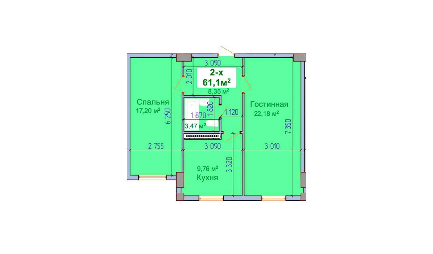 2-комнатная квартира 61.1 м²  1/1 этаж