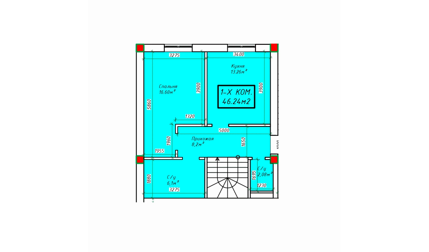 1-xonali xonadon 46.24 m²  1/1 qavat