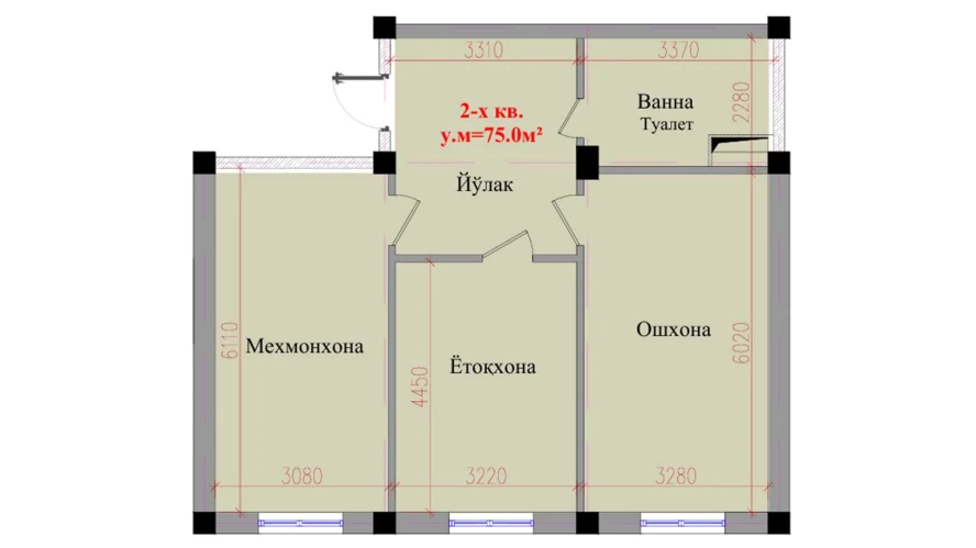 2-xonali xonadon 75 m²  1/1 qavat