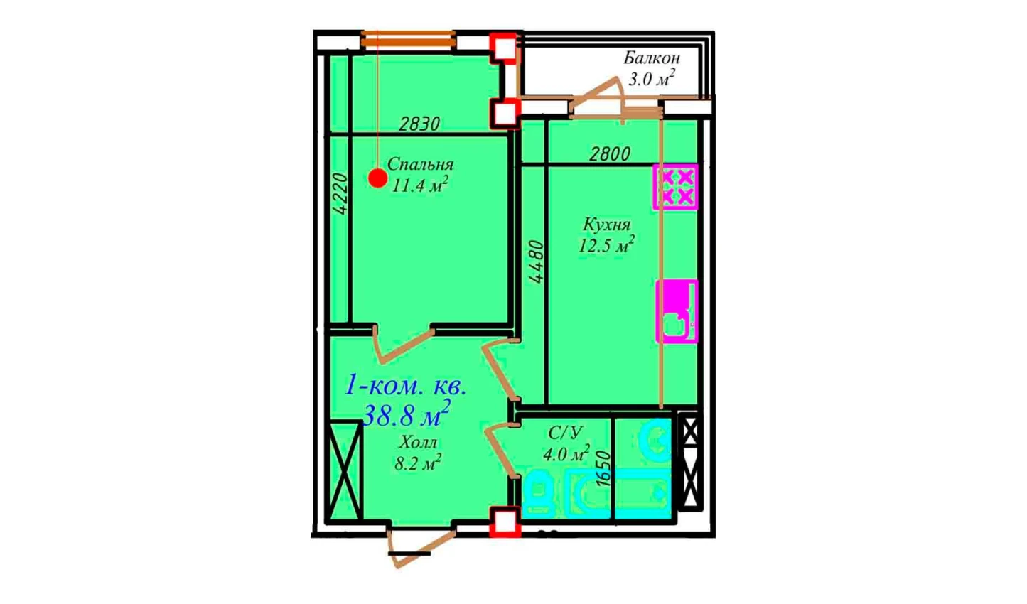 1-xonali xonadon 38.8 m²  5/5 qavat