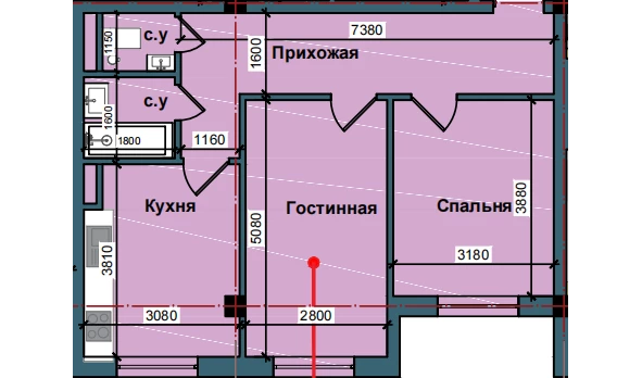 2-комнатная квартира 53.5 м²  1/1 этаж