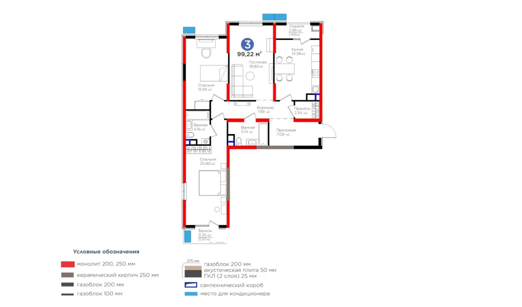 3-комнатная квартира 99.22 м²  6/6 этаж