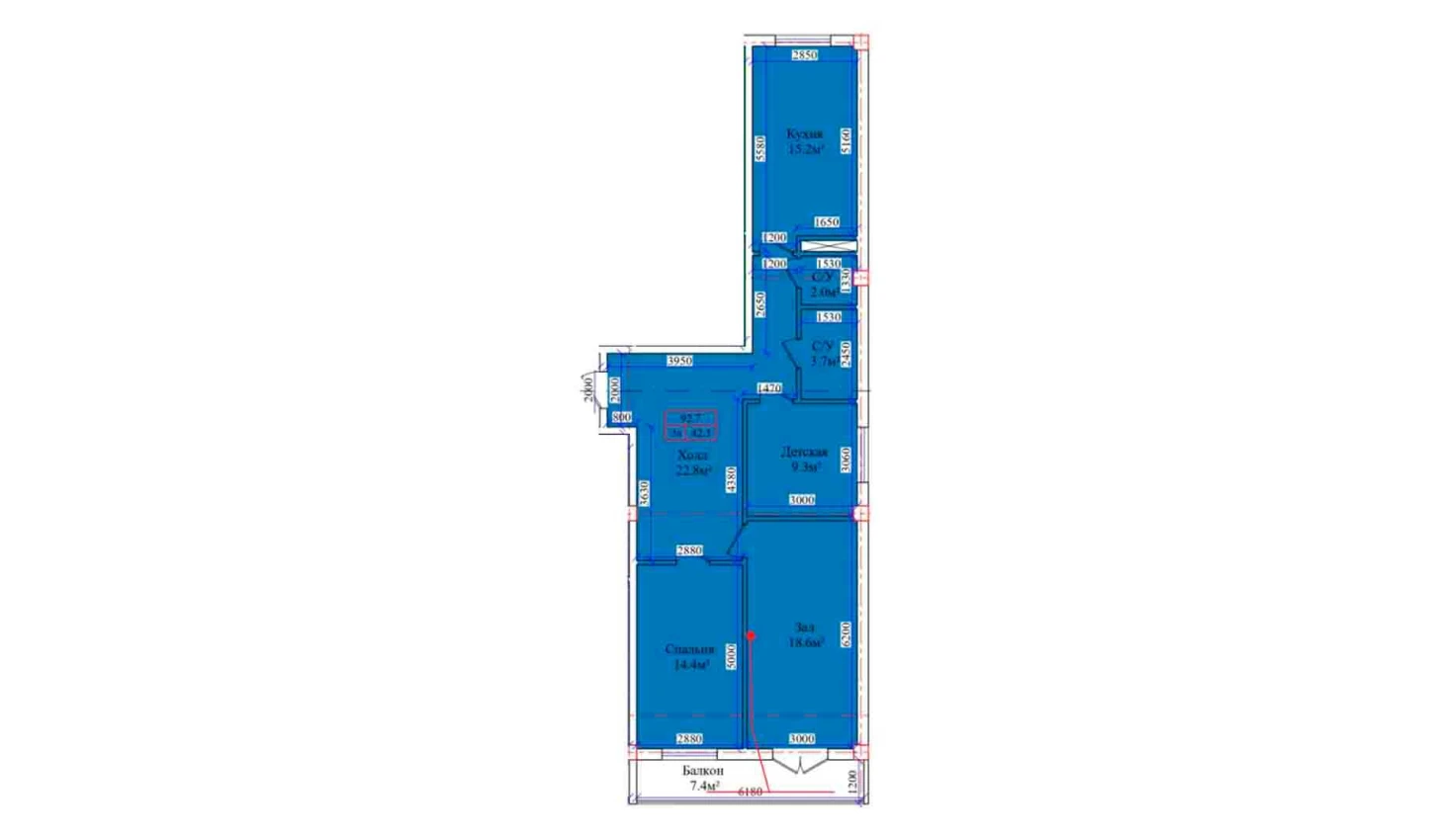 3-xonali xonadon 92.7 m²  8/8 qavat