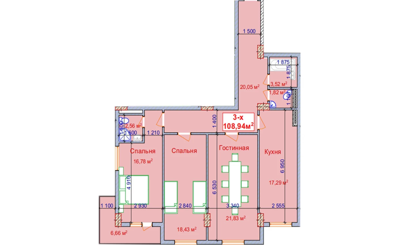 3-комнатная квартира 102.28 м²  9/9 этаж