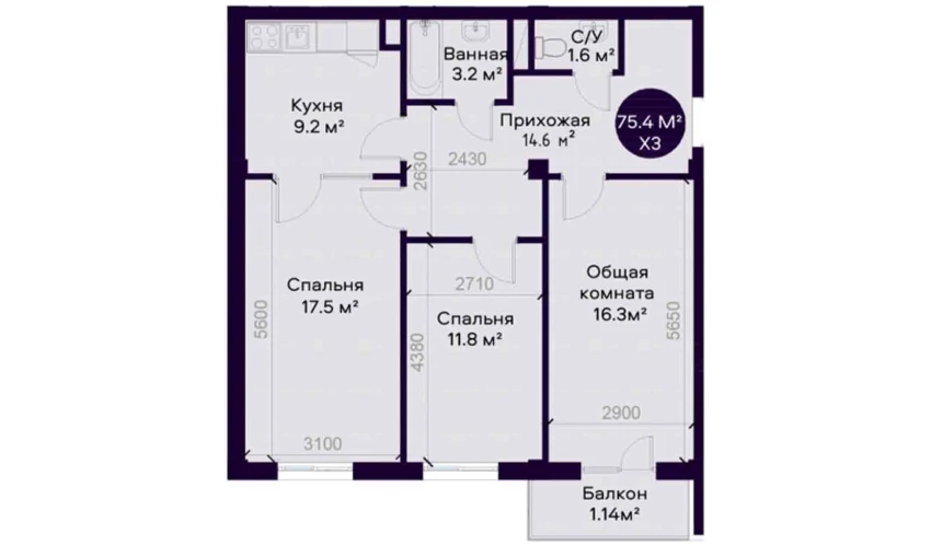 3-комнатная квартира 75.4 м²  5/7 этаж | Жилой комплекс YAQINLAR