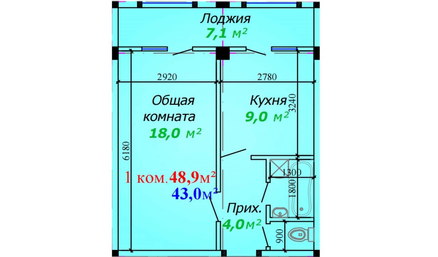 1-комнатная квартира 48.9 м²  1/1 этаж