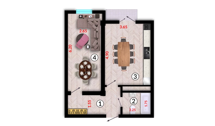 1-xonali xonadon 46.9 m²  4/4 qavat