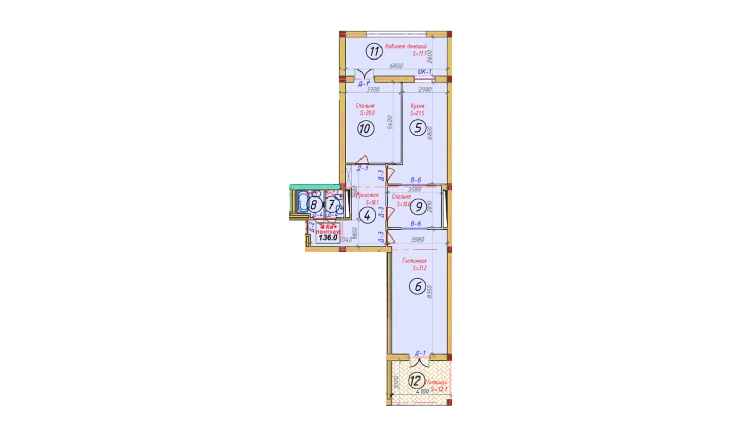 4-комнатная квартира 136 м²  2/2 этаж