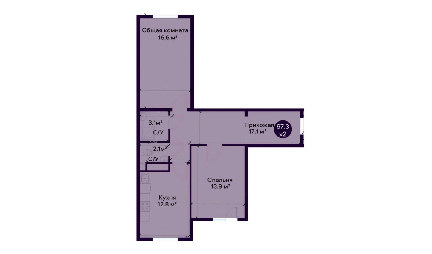 2-комнатная квартира 67.3 м²  2/2 этаж