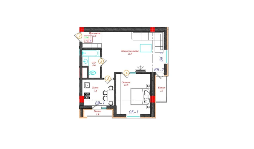 2-xonali xonadon 57.6 m²  3/12 qavat | CHINARA PARK Turar-joy majmuasi