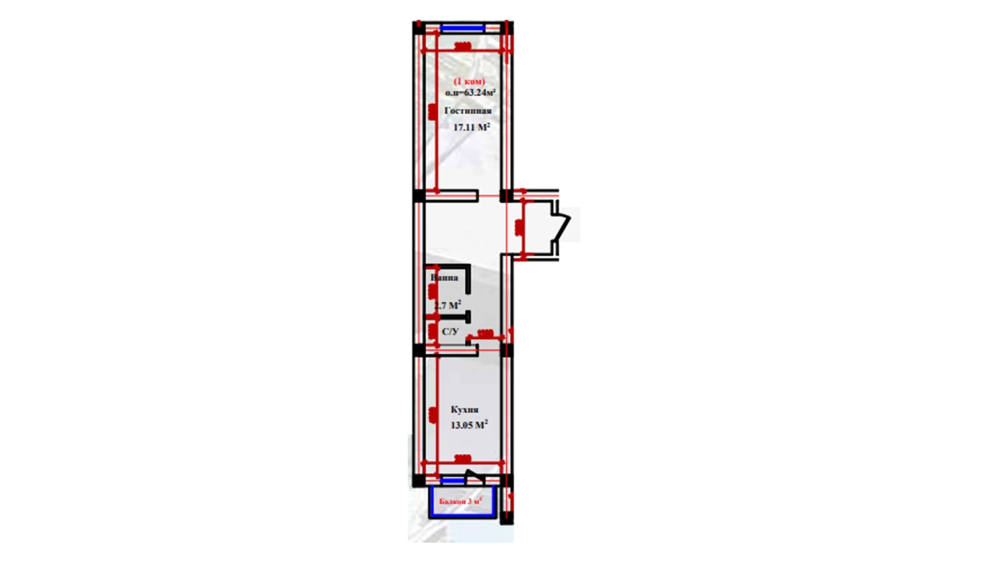 1-xonali xonadon 63.24 m²  1/1 qavat