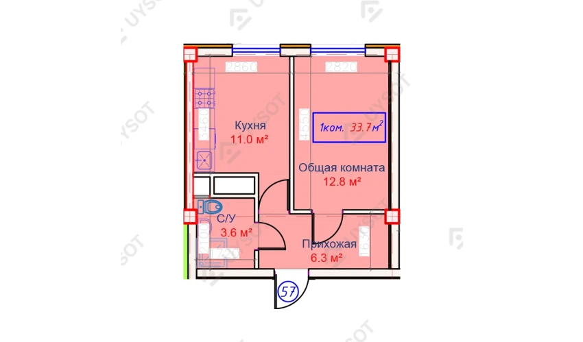 1-комнатная квартира 33.7 м²  2/2 этаж