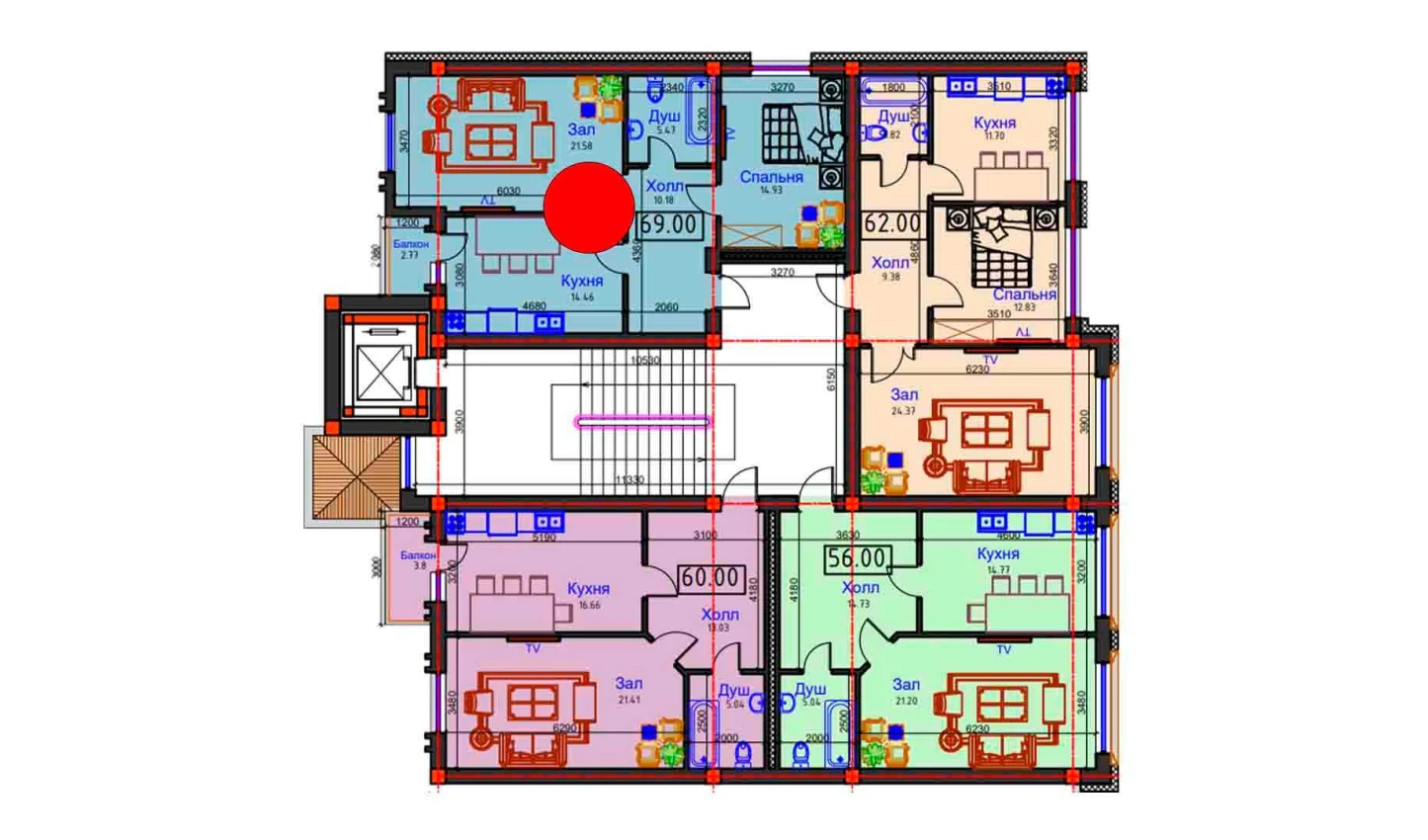 1-комнатная квартира 69 м²  2/2 этаж