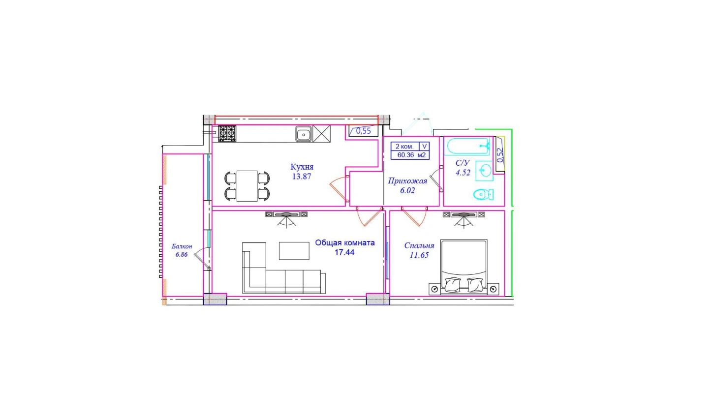 2-комнатная квартира 60.36 м²  2/2 этаж