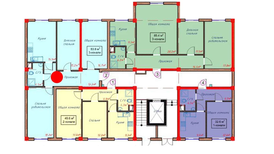 3-xonali xonadon 83.8 m²  1/1 qavat