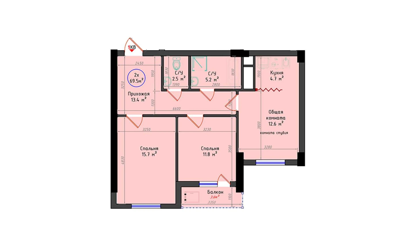 2-комнатная квартира 69.5 м²  3/3 этаж