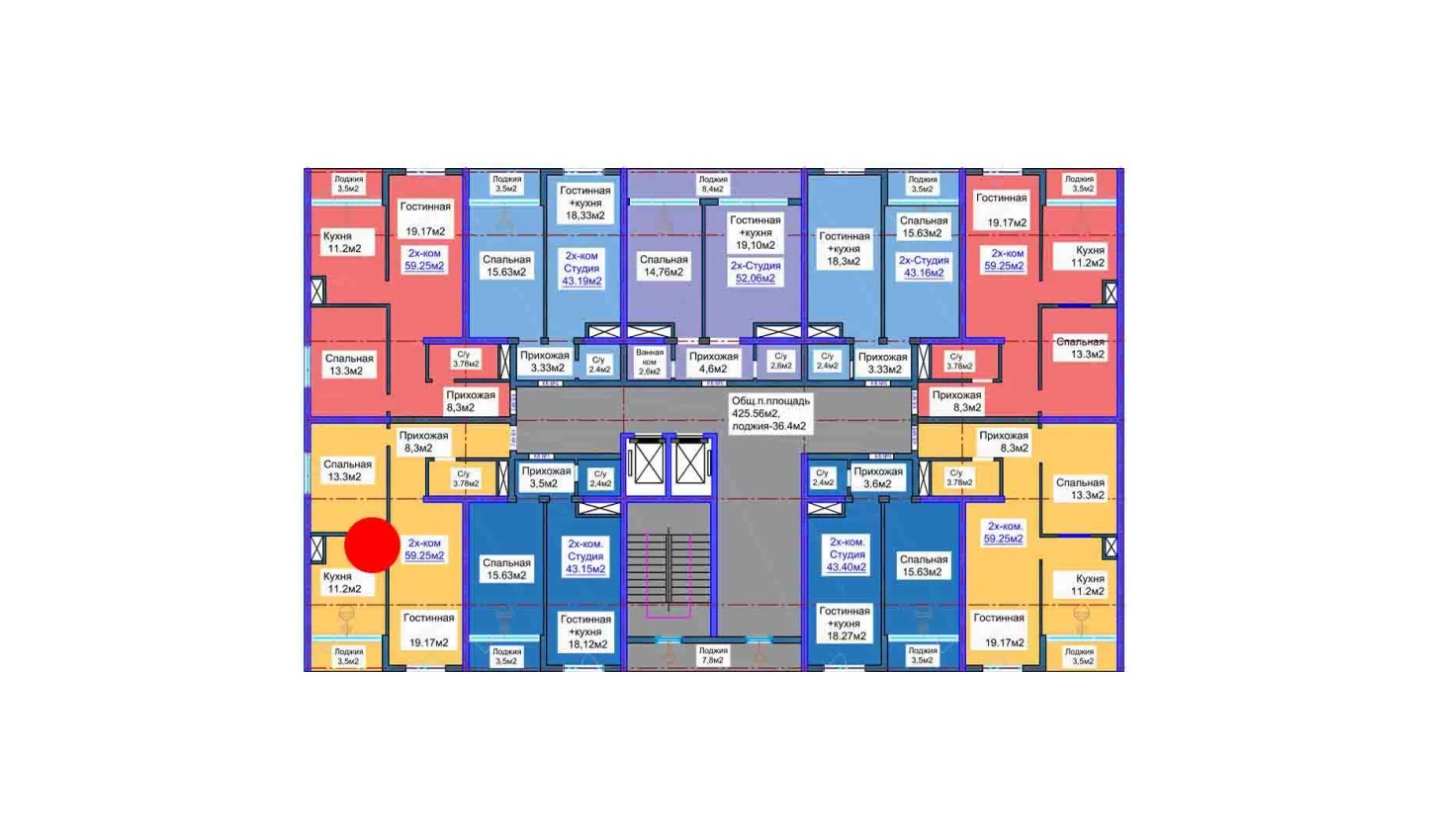 2-комнатная квартира 59.25 м²  16/16 этаж