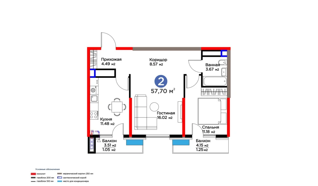 2-комнатная квартира 57.7 м²  15/15 этаж