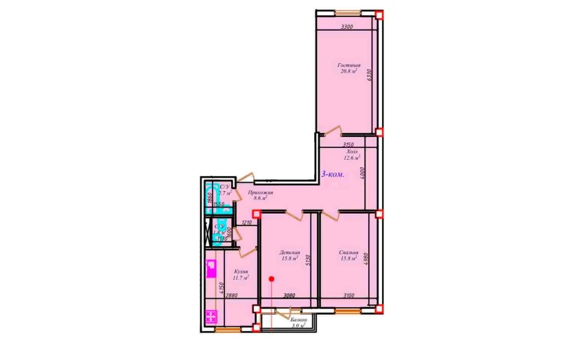 3-комнатная квартира 95.1 м²  3/7 этаж | Жилой комплекс CHIRCHIQ CITY