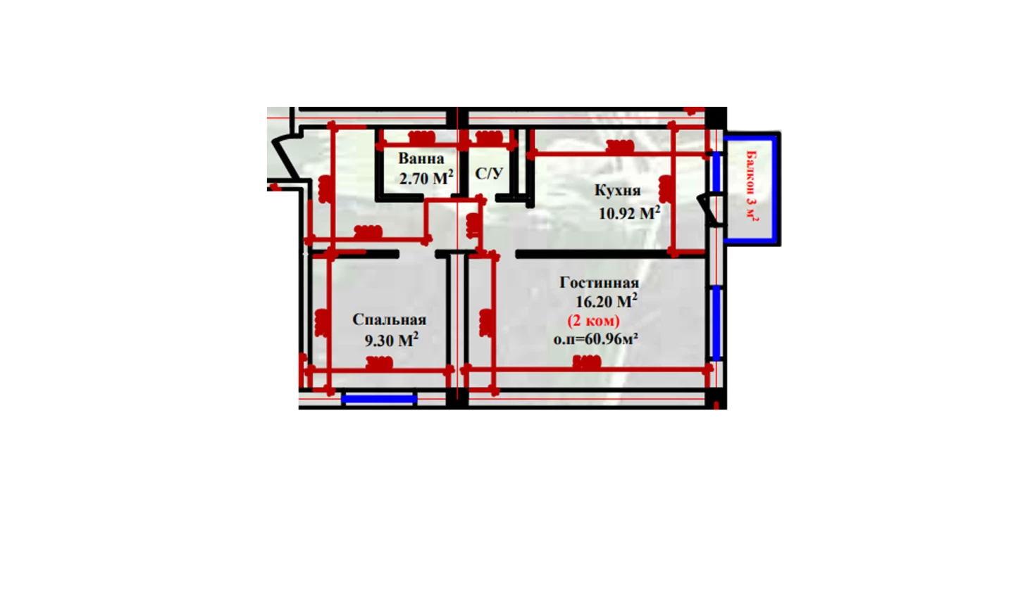 2-xonali xonadon 60.96 m²  2-9/2-9 qavat