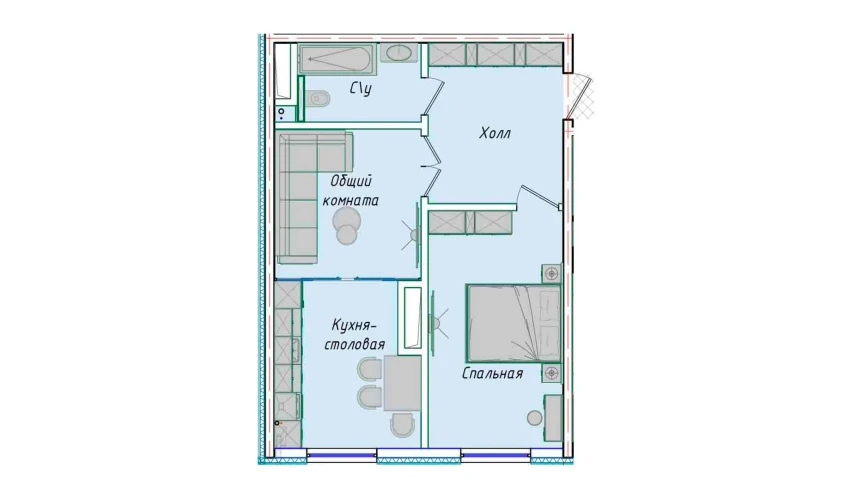 2-комнатная квартира 50.7 м²  1/1 этаж