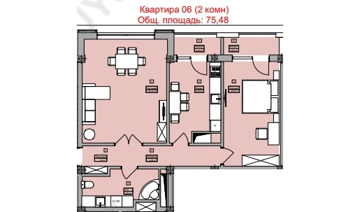 2-комнатная квартира 75.48 м²  3/3 этаж