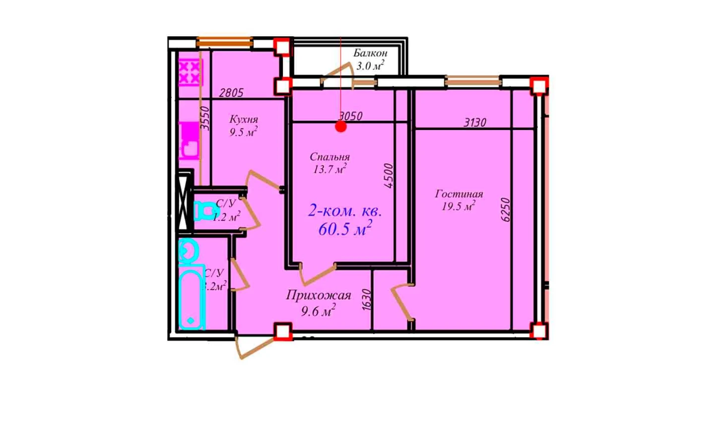 1-комнатная квартира 60.5 м²  7/7 этаж