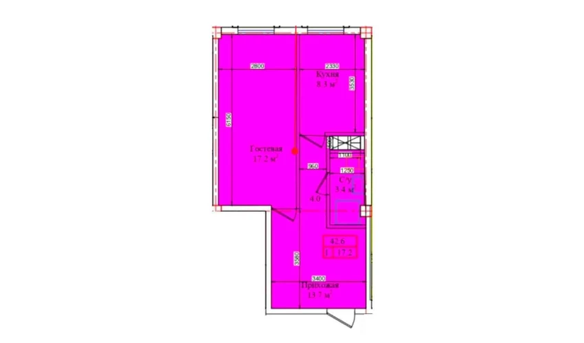 1-xonali xonadon 42.6 m²  1/1 qavat