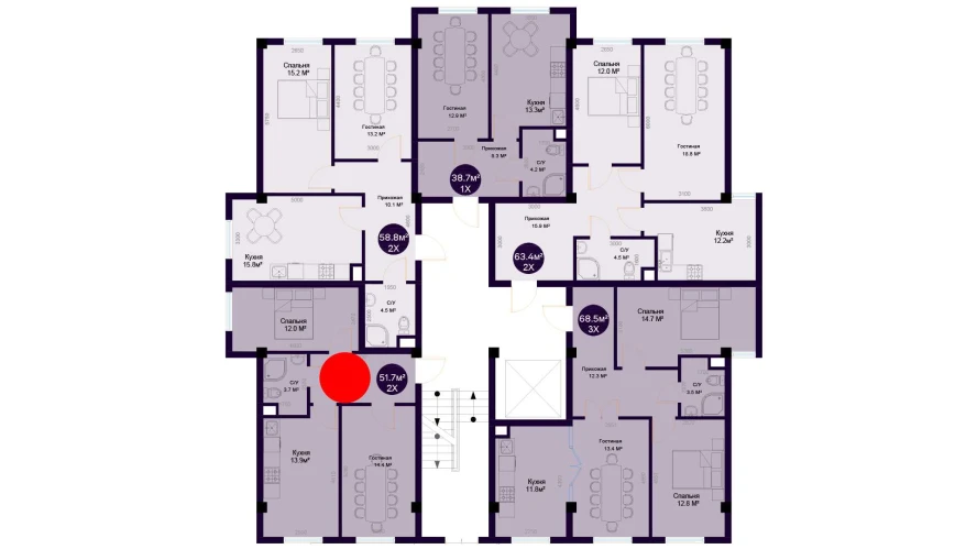 2-комнатная квартира 51.7 м²  1/1 этаж