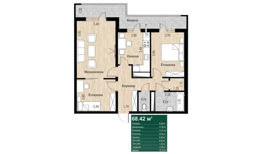 3-xonali xonadon 68.42 m²  14/16 qavat | SOKIN DIYOR Turar-joy majmuasi