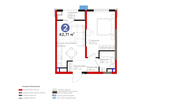 2-xonali xonadon 42.71 m²  9/9 qavat | BI Sad'O Turar-joy majmuasi