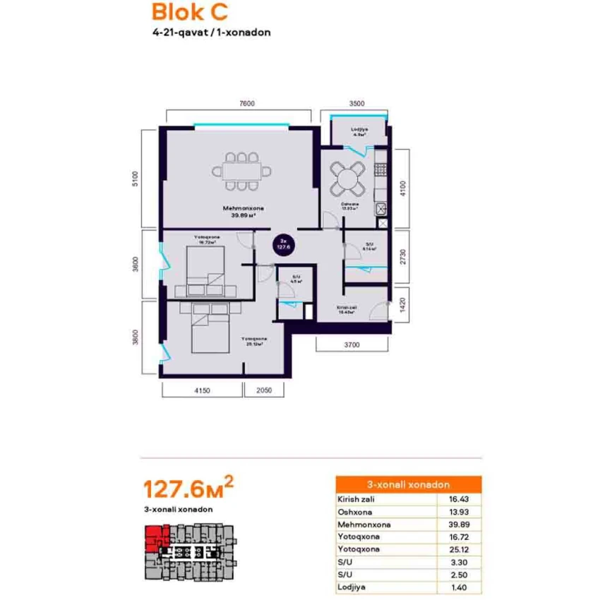 3-комнатная квартира 127.6 м²  6/6 этаж