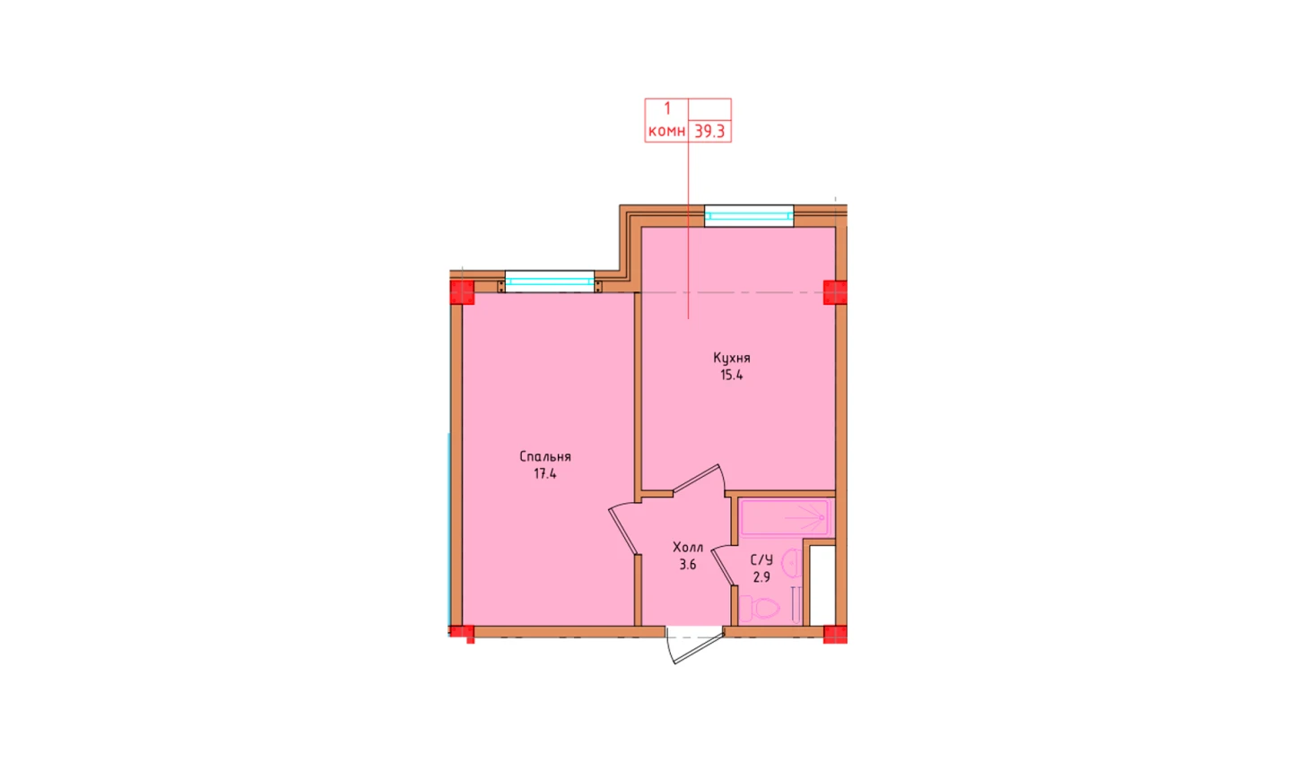 1-комнатная квартира 39.3 м²  1/1 этаж