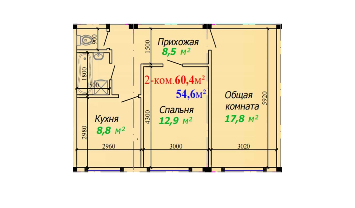 2-комнатная квартира 60.4 м²  1/1 этаж