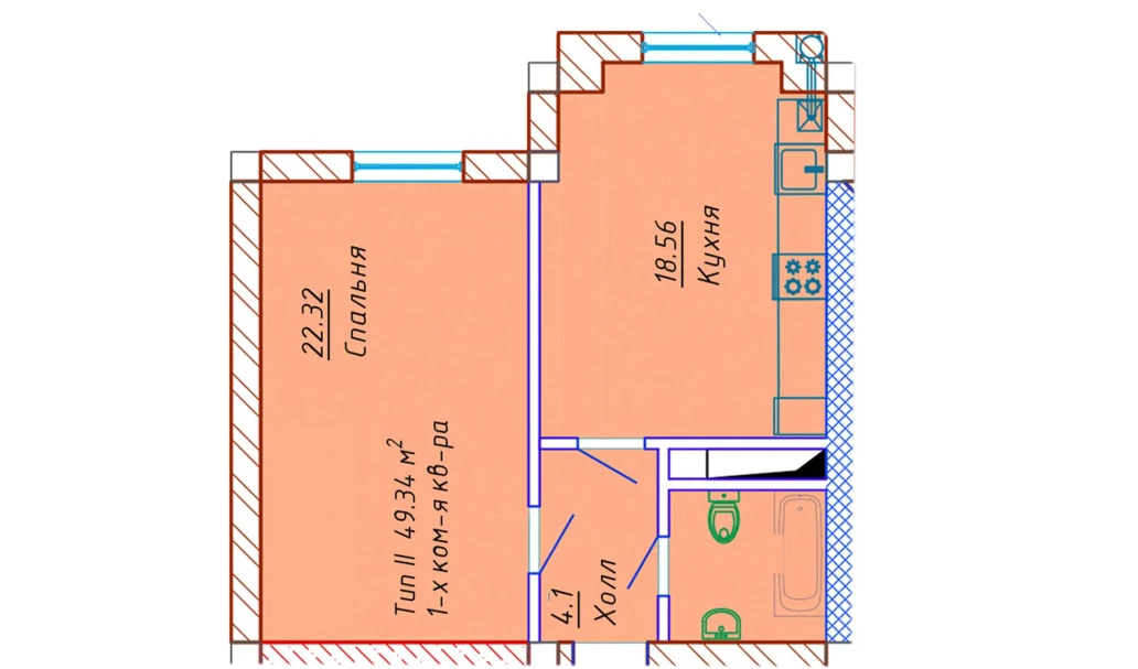 1-комнатная квартира 49.34 м²  8/8 этаж